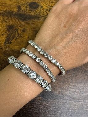 Silver Crystal Tennis Stretch Bracelet Bundle - Sparkling Clear Stones